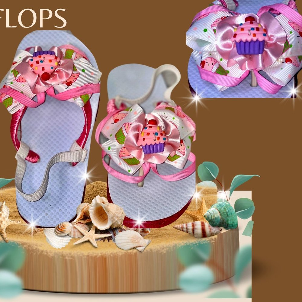 Cupcake Birthday Flip Flops/Sandals Children Size 9/10| Pink Glittery Boutique